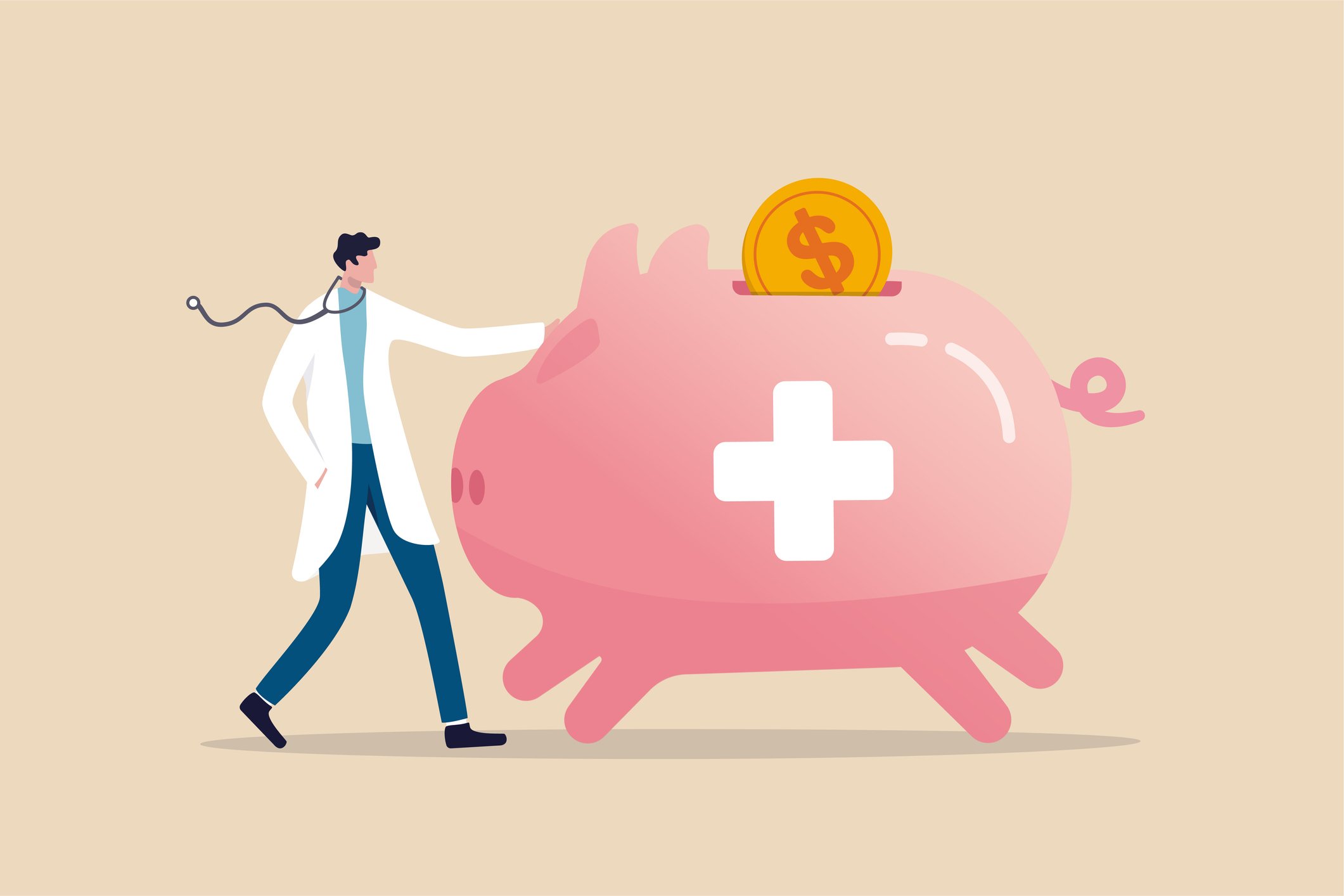 Illustration eines Arztes vor einem Sparschwein – Titelbild des jameda Blogposts zum Thema "Wie Sie die Profitabilität Ihrer Arztpraxis erhöhen"