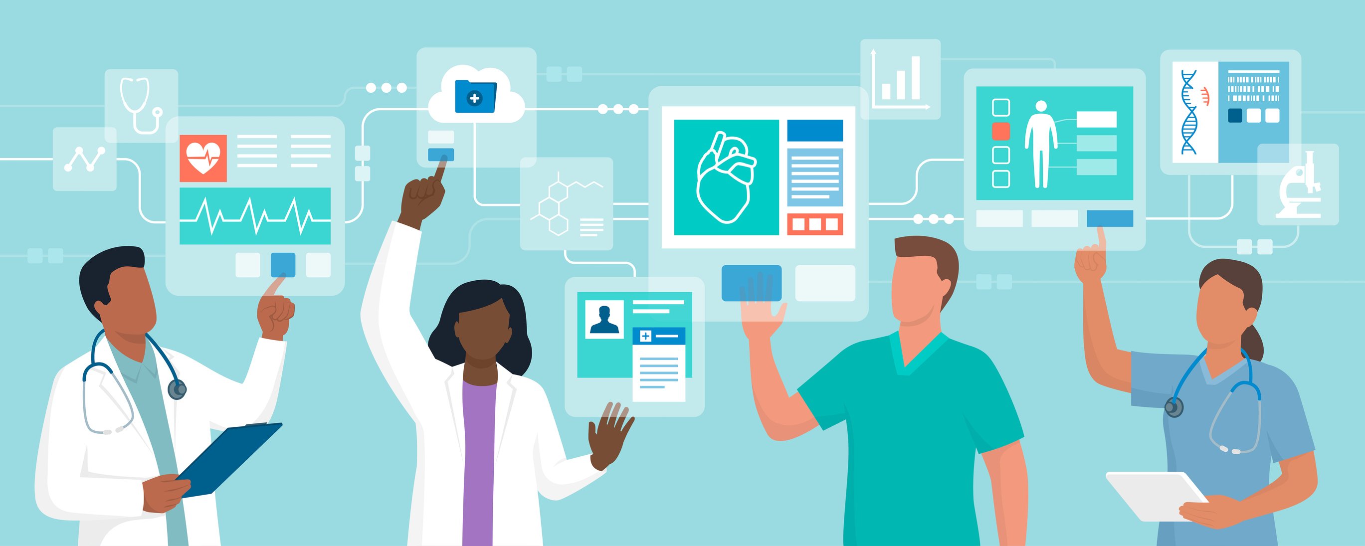 Illustration von Ärzten, die auf eine digitale Patientenakte zugreifen