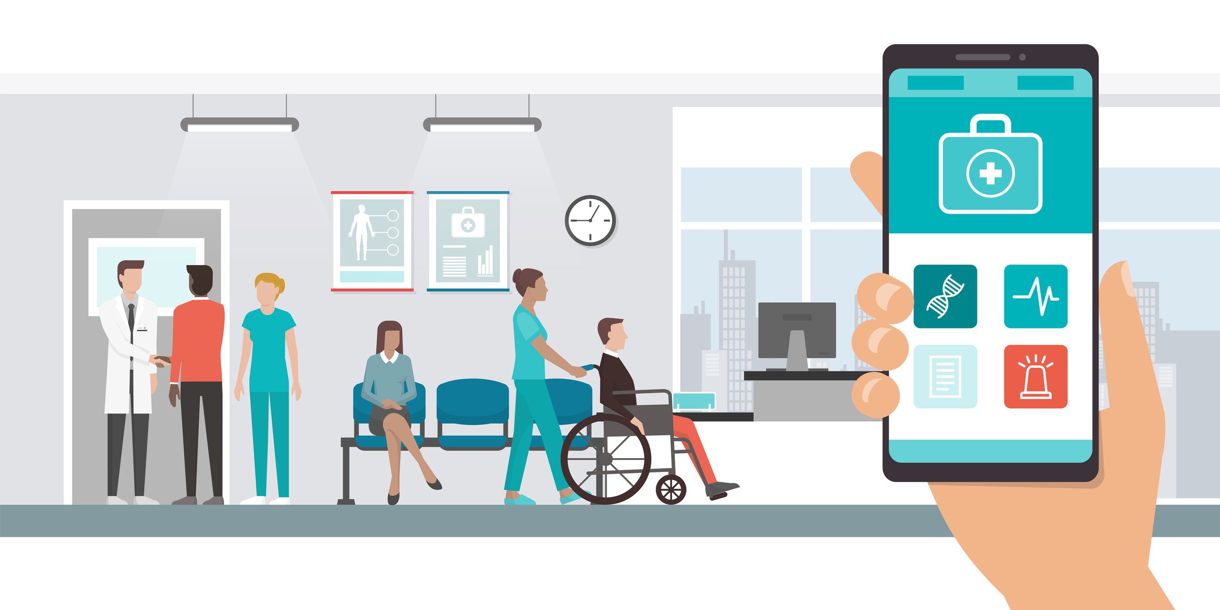 Illustration eines Wartezimmers mit Patienten und einer digitalern Patientenakte auf einem Smartphone
