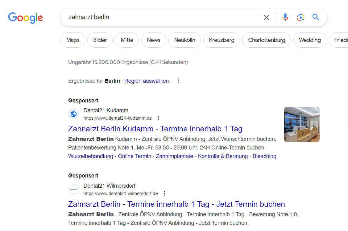Google Suche Zahnarzt Berlin