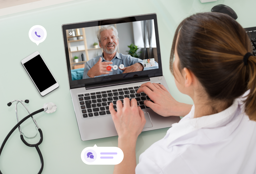 Bild einer Ärztin, die in einer Videosprechstunde mit einem Patienten spricht